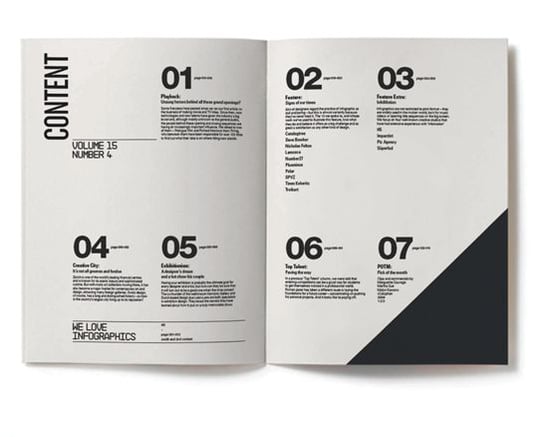 Black and white contents page in an events brochure